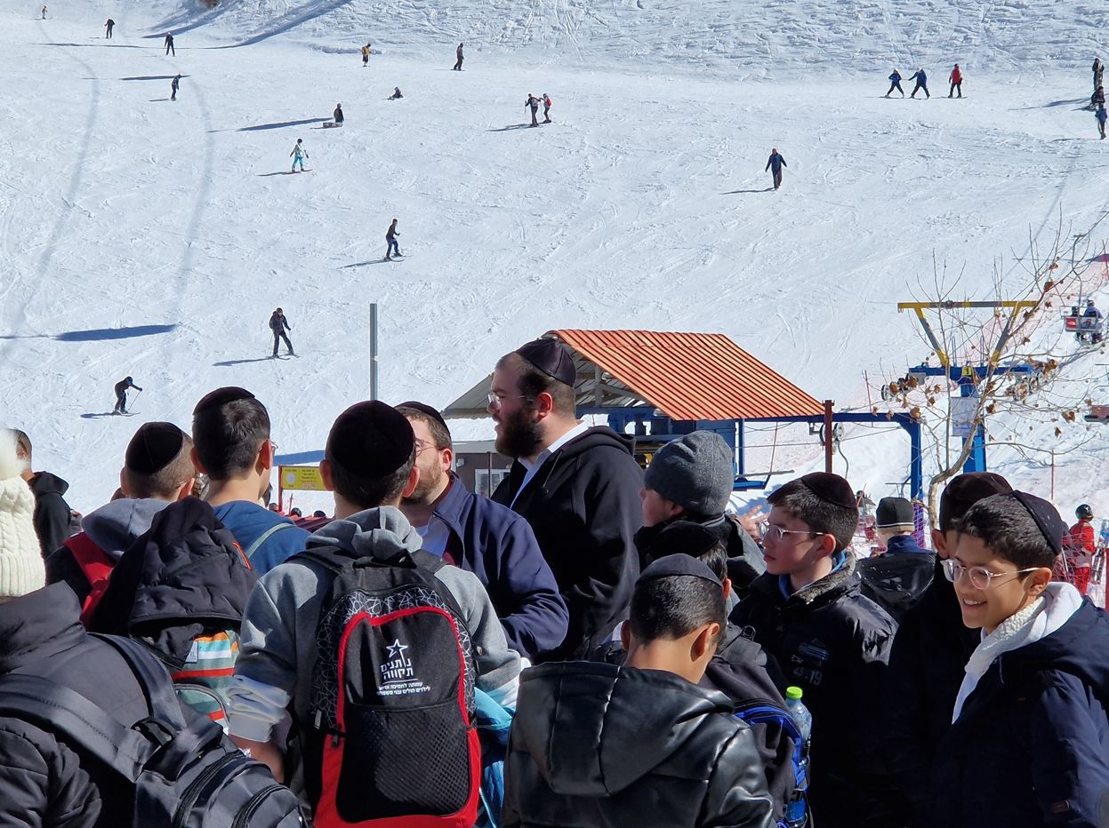 Class of boys enjoying the snow - some skiers in the background 