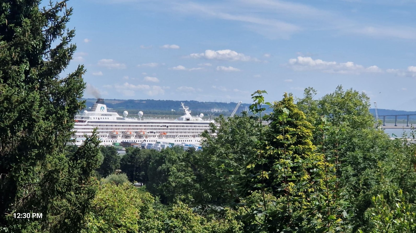 View of the port from a hill,  pillars of the bridge on the right