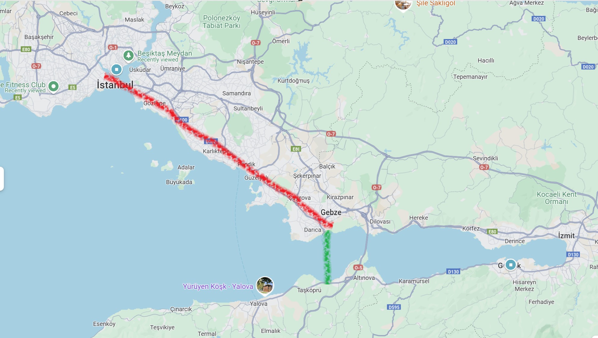 Red is the Marmaray, green is the ferry